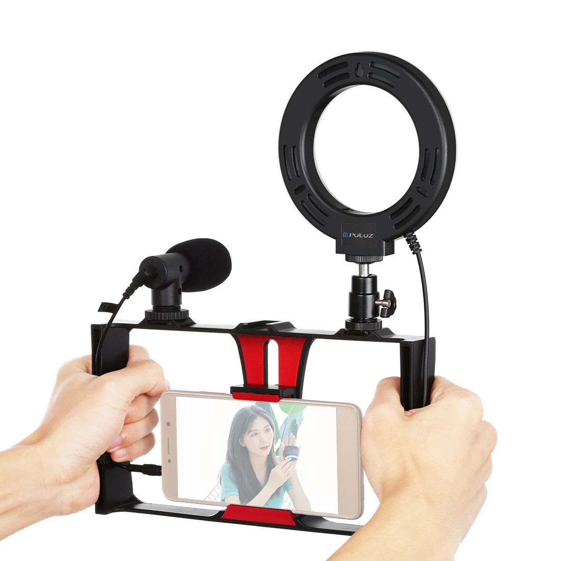 

3 in 1 Vlogging Live Broadcast Smartphone Video Rig + Microphone + 4.7inch Ring LED Selfie Light Kits with Cold Shoe Tripod Head