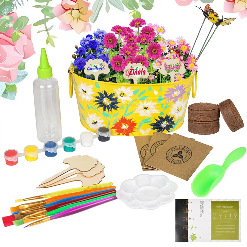 

Amazon Selling Paint and Plant Flower Growing Kit with Yellow Iron Planter for Kids