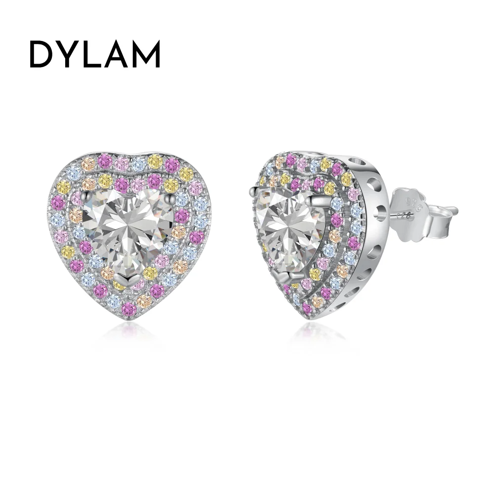 Dylam Stylish Colorful Fine Jewelry Women Daily Wear Sterling Silver Rhodium Plated Eternity Zirconia Heart Shape Stud Earrings