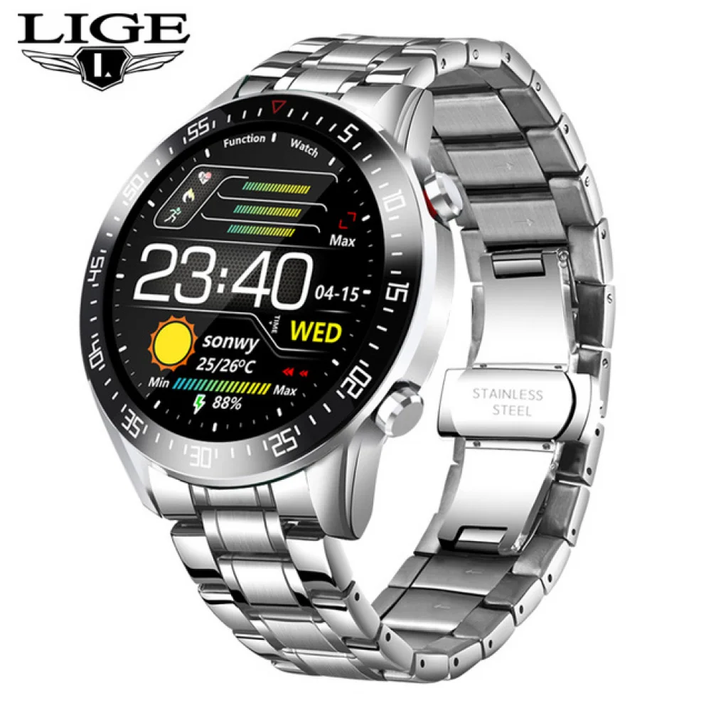 

LIGE New Steel Band Smart Watch Men Heart Rate IP68 Waterproof Touch Screen Luxury Smart Watch 2021, As pictures