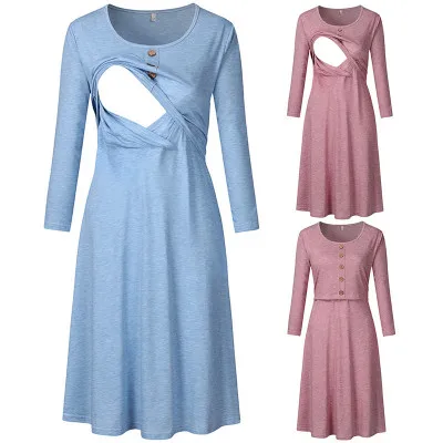 

F11324A New round neck long sleeve maternity dress for women, Black /blue / pink