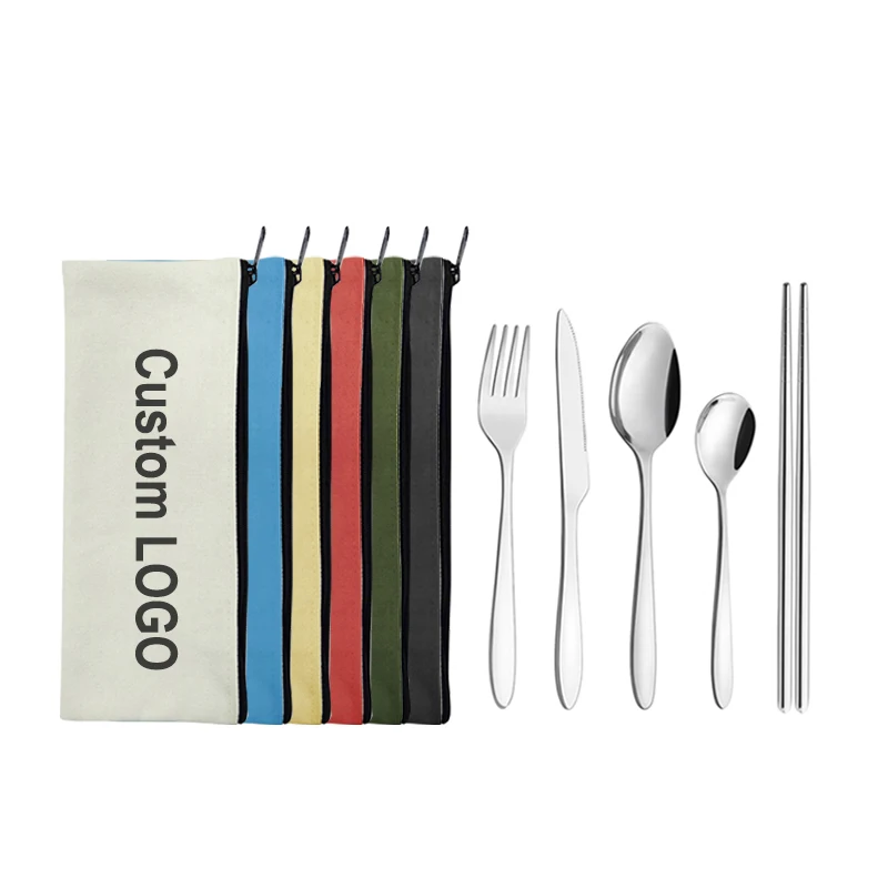 

Travel utensils Mirror Silver Chopsticks Straws Spoon Fork Knife Stainless Steel Portable Camping Cutlery Set With Cloth Bag