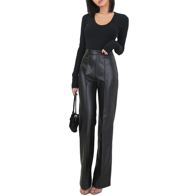 

Wholesale Casual Ladies Wide-Legged Trousers Black Long Women Leather Pants, Customized color