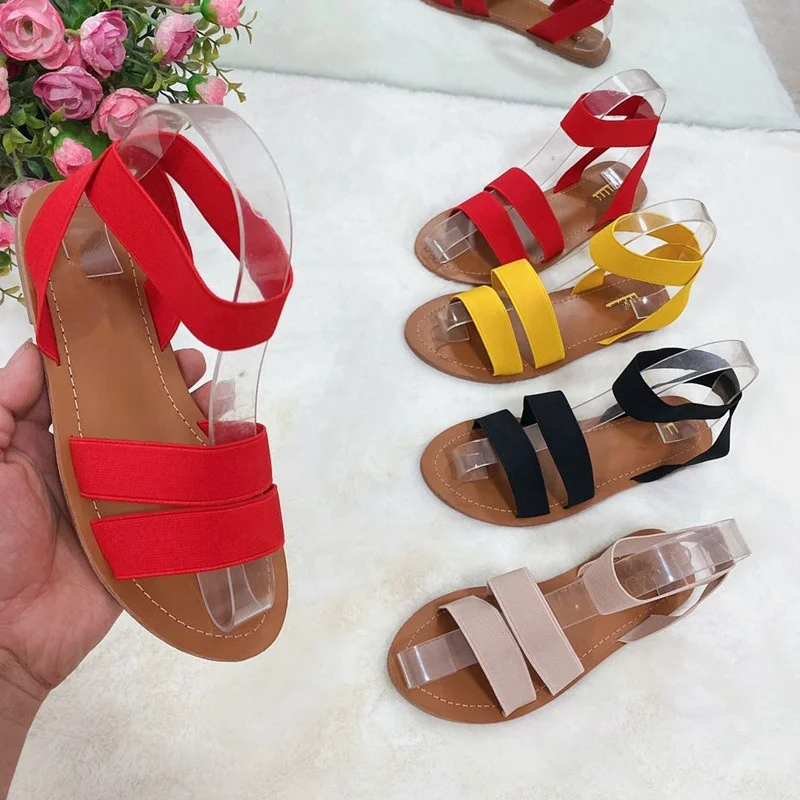 

LE SLIDES Women Summer Walking Style Sandals Shoes Cheap Casual Ladies Slipper for Women Elastic Strap Flat Beach Shoes Sandals, Black red yellow khaki