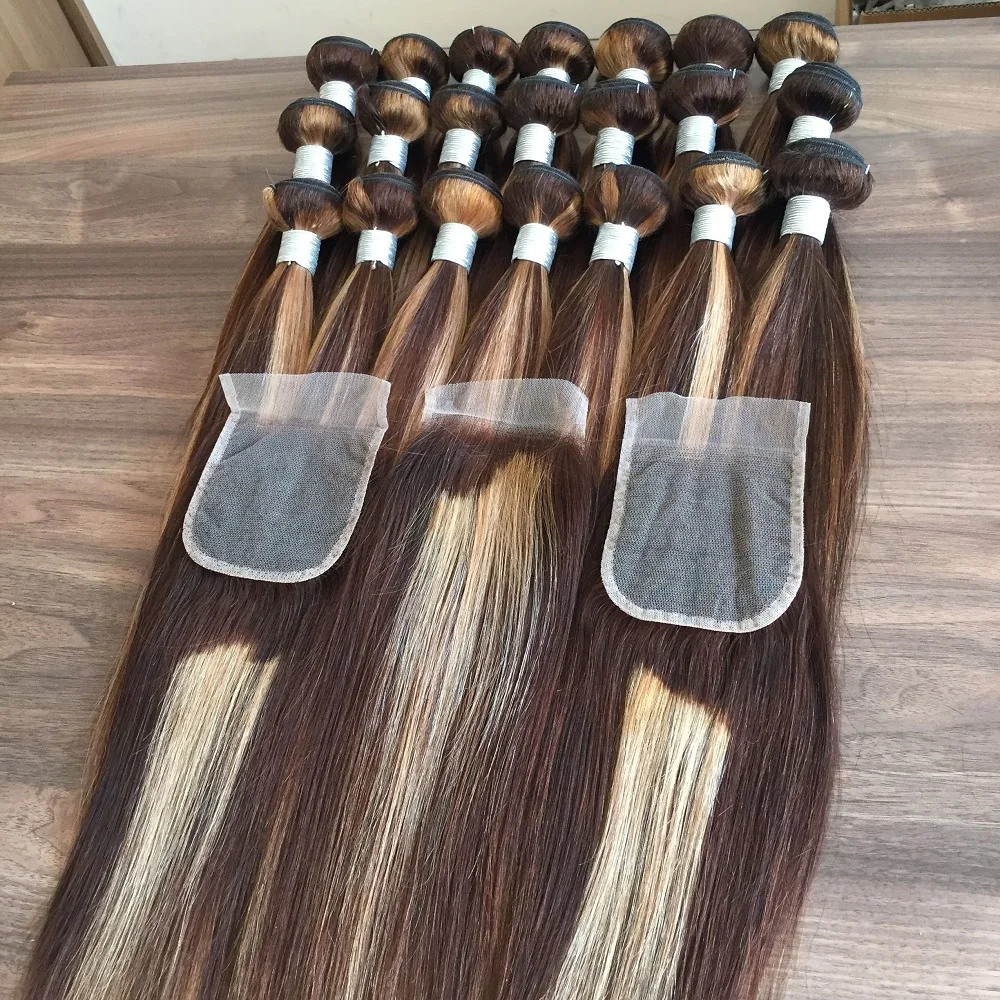 

Wholesale Highlight Mink Brazilian Good Quality Of Human Hair Extensions Virgin Raw Bundles With Closure Ombre Brown Set Vendor