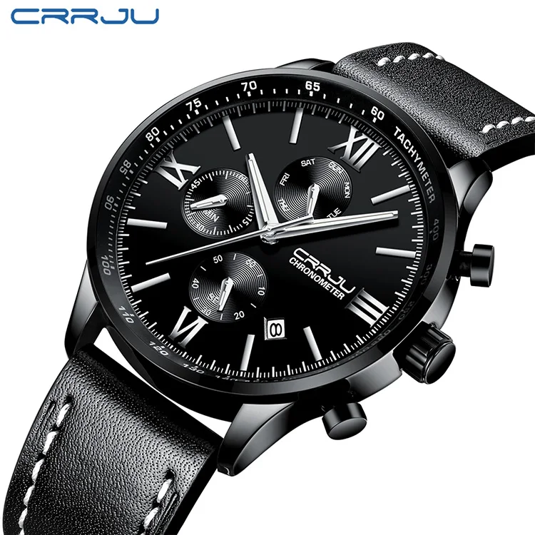 

CRRJU official store in bulk 3 bar waterproof chrono leather nice watches men, 6 colors