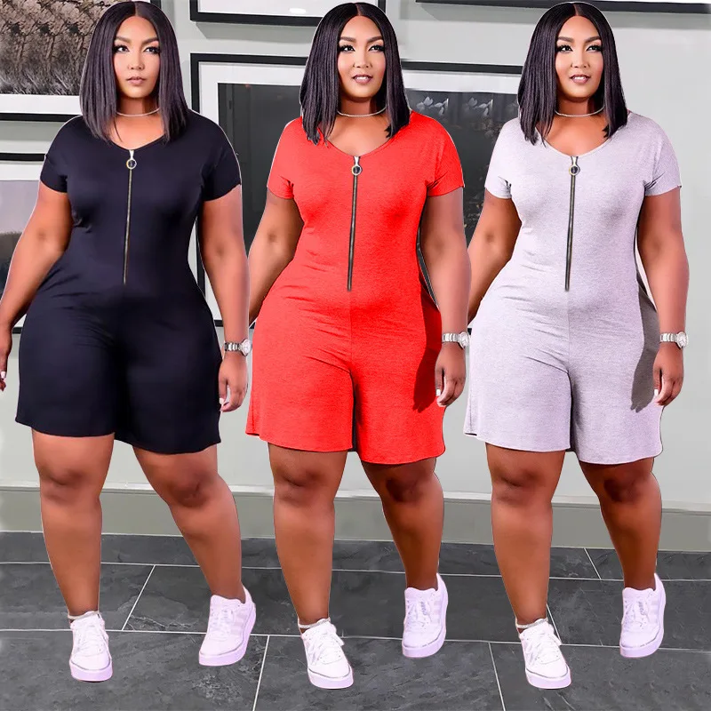 

2021 Ladies Fashion 4Xl Women Plus Size Short Rompers Sexy Short Sleeve Black Zipper Up Plus Size Women Jumpsuits And Rompers, Orange,green,pink blue plus size rompers