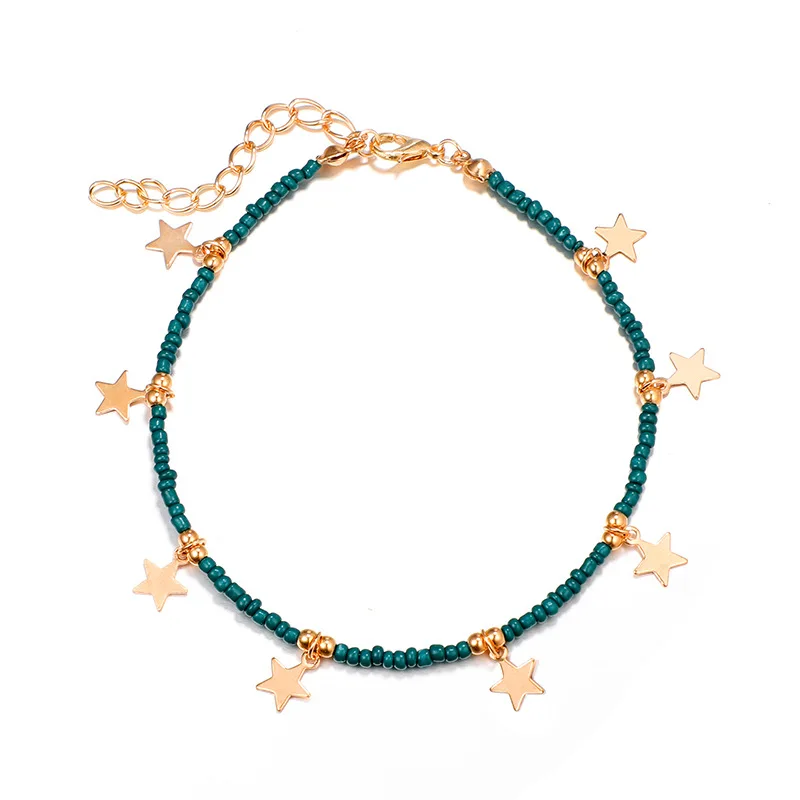 

European Personalized Vintage Women Foot Jewelry Green Seed Bead Gold Star Charm Anklet