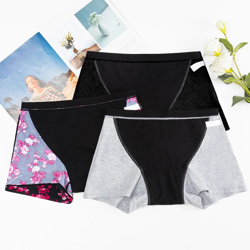 

New High Absorbency for Heavy Flow 4 Layers Menstrual Underwear Boxers Leakproof Full Protect Plus Size Women Period Panties, Black, gray, printing