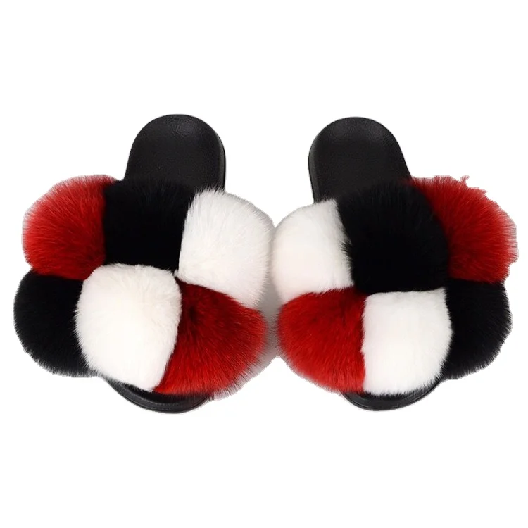 

2021 fur slippers wholesale fox fur fluffy ladies fur slippers, Customized color