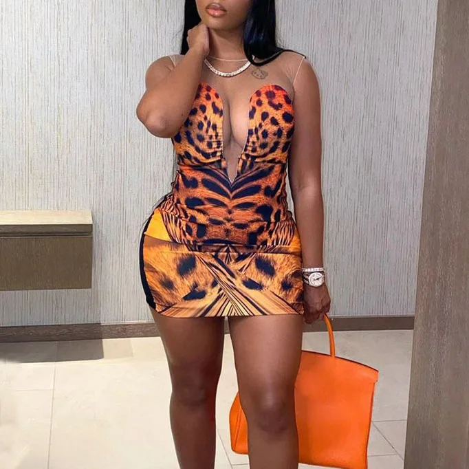 

FS4415D Hot sale Women Fashion prints sexy V neck mesh Dress