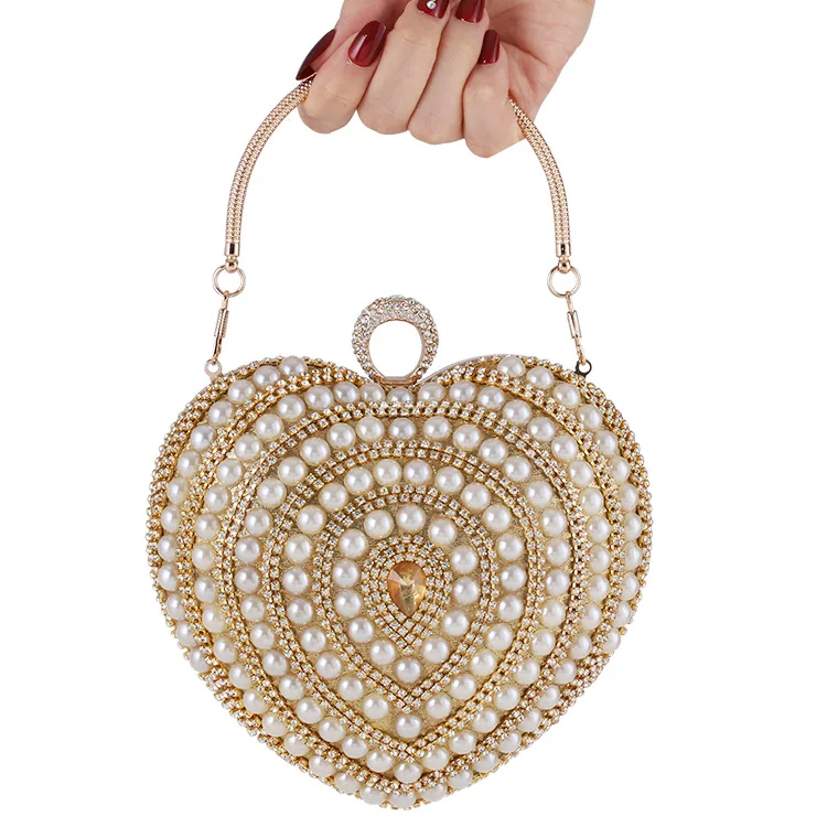 

2022 new style party dinner pearl bag fashion design ladies pearl bead bags luxury heart shape evening clutch bags for women, Silver,golden