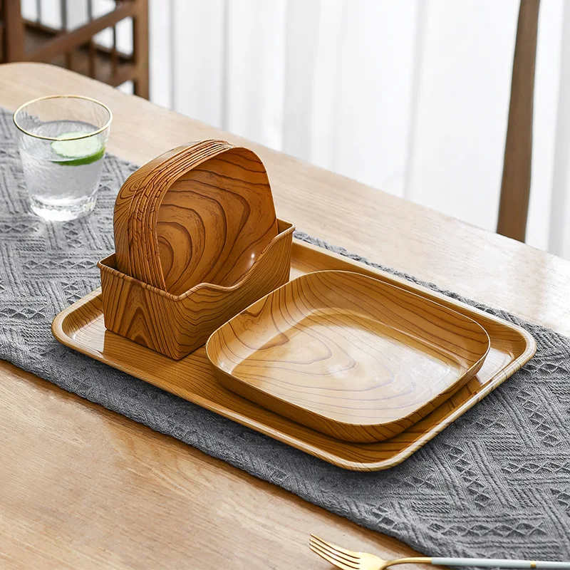 Chinese Style Melamine Wood Grain square Bone Spitting Plate Snack Dried Fruit Cake Snack Tray