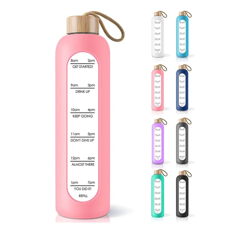 

high borosilicate glass water bottle drinking cup foam container water bottle glass 1000ml with time marker