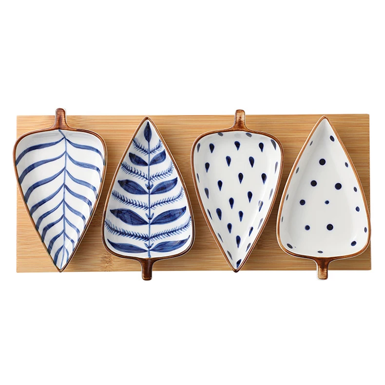 

Porcelain Small Leaf Shape Wooden Tray Ceramic Serving Snack Appetizer Fruit Plate Dessert Sauce dish sets