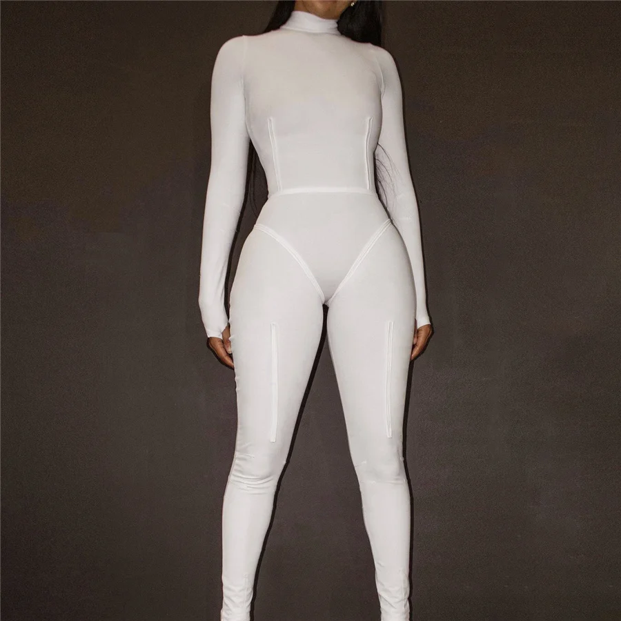 

Kliou K21Q08880 Solid Turtleneck Elegant Ladies Jumpsuit outfits Long Sleeve One Piece Bodycon Jumpsuit