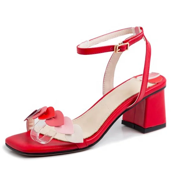 

Sweet Girl's Square Chunky Heel Sandals Ankle Strap Band Women Dress Shoes Heart-Shaped Single Band Pumps, Red apricot