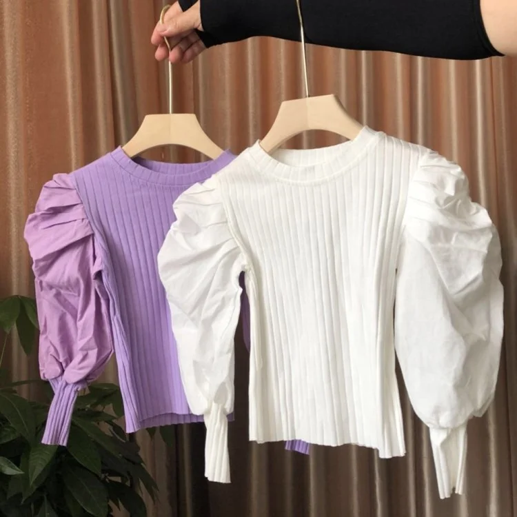 

2020 Autumn New Arrival Girls Long Sleeve T Shirt Kids Korean Design Puff Sleeve Tops, As picture