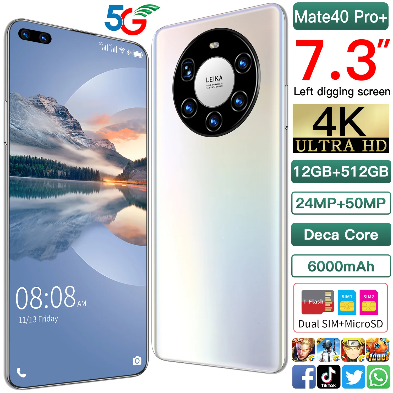 

New Arrival Hot Sale Mate40 Pro+ 7.3 inch Smartphone HD Screen Android 10.0 Telephone Smartphone 12GB+512GB Cellphone, Colors