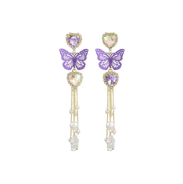 

Purple butterfly tassel long earrings 2021 new earrings exaggerated earrings