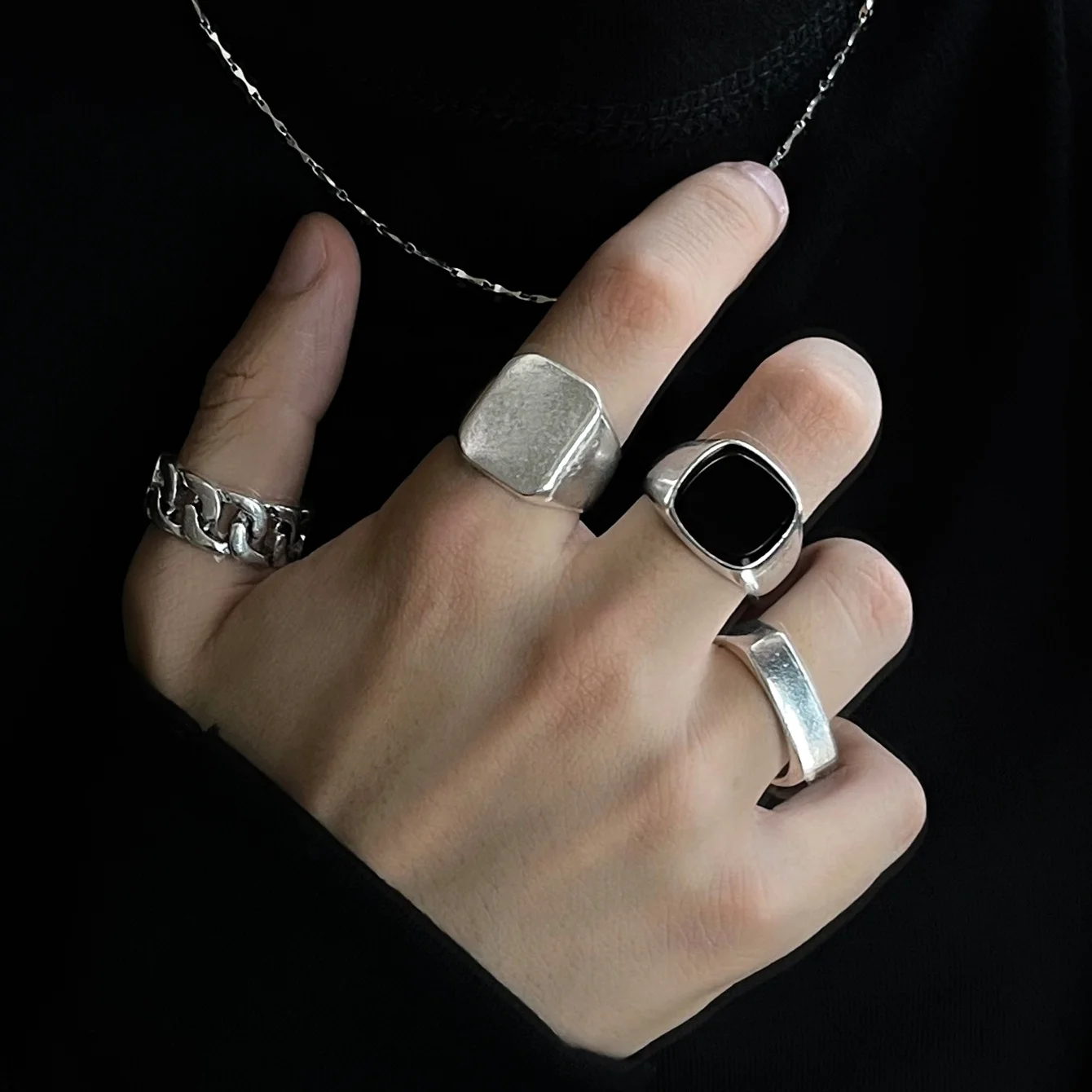 

Sindlan 4pcs/set Sliver Geometric Chunky Rings Fashion Hip Hop Knuckle Finger Ring Set For Men