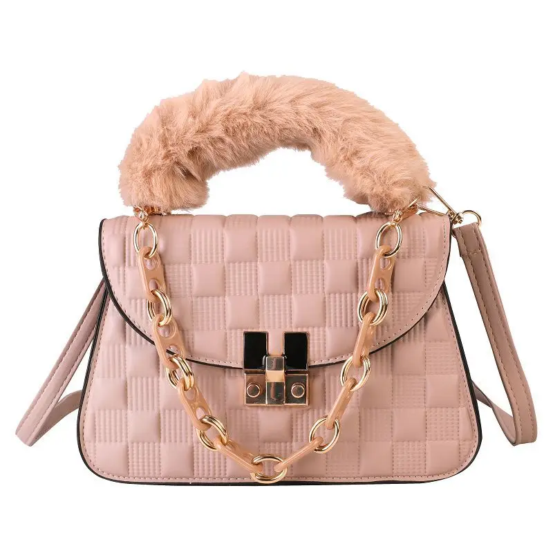 

2021 Winter PVC Crossbody Bag Embossing Leather Fur Handle Shoulder Handbag For Woman, Customizable
