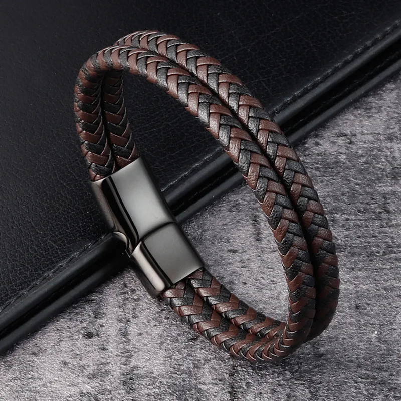 

2 Tones Multilayer Wrap Braided Wristband Brown Black Genuine Leather Bracelet Mens Jewelry With Stainless Steel Magnetic