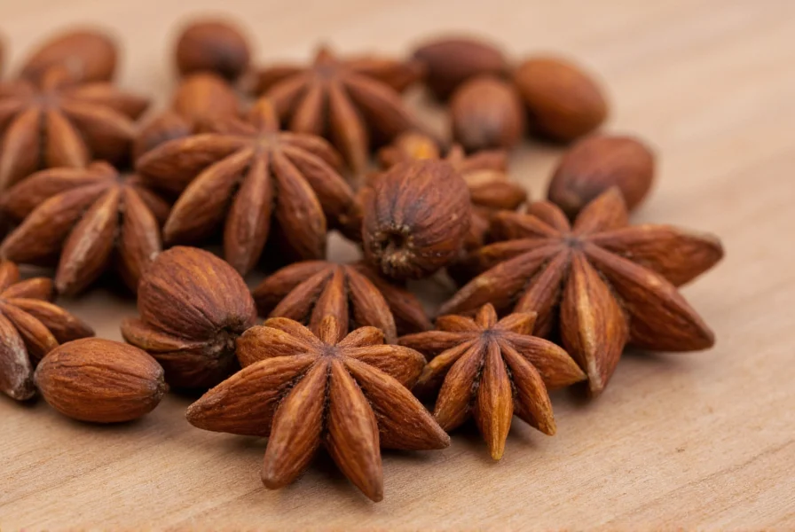 Close-up photograph of anise seeds on wooden background showing star-shaped seed pods