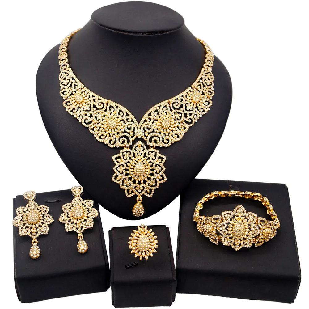 

Yulaili Top Quality Elegant Luxury Fashion Jewelry Set Crystal Necklace Earrings Bracelet Women Party Brazilian Jewellery Sets