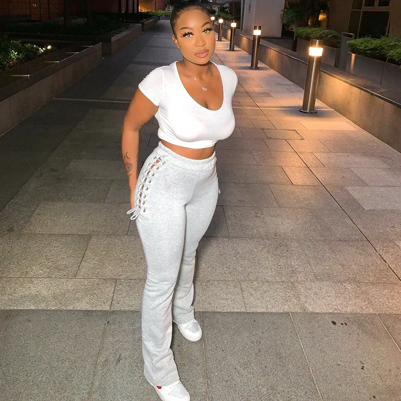 

Grey Casual Women's Strappy Flared Sweatpants Side Hollow Out Drawstring Pants Ladies