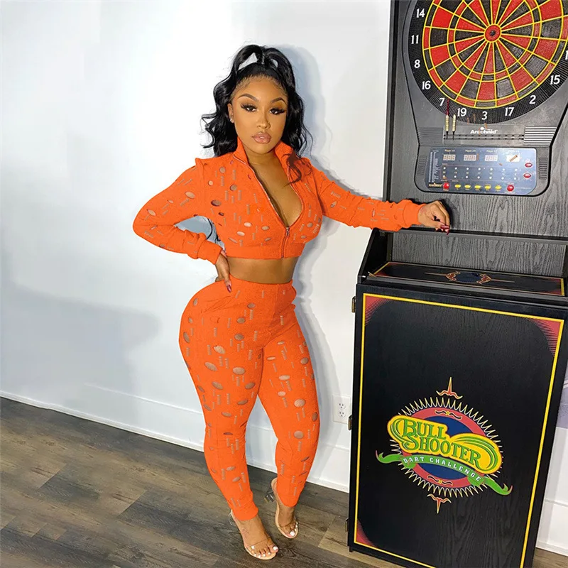 

New Style Lapel Sexy Long Sleeve Crop Top Hollow Out High Waist Two Piece Set