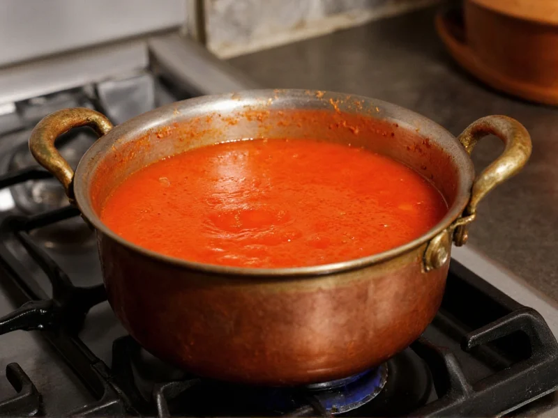 Simmering tomato sauce in copper pot on stove