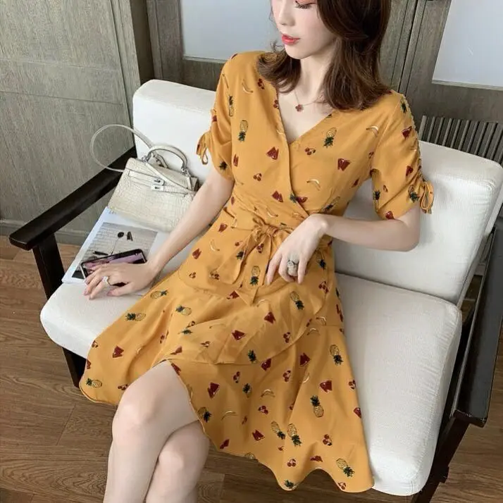

2021 Malaysia Newest Summer Clothes Fashion Bandage Bow Floral Casual Dresses Wholesale Dresses Women
