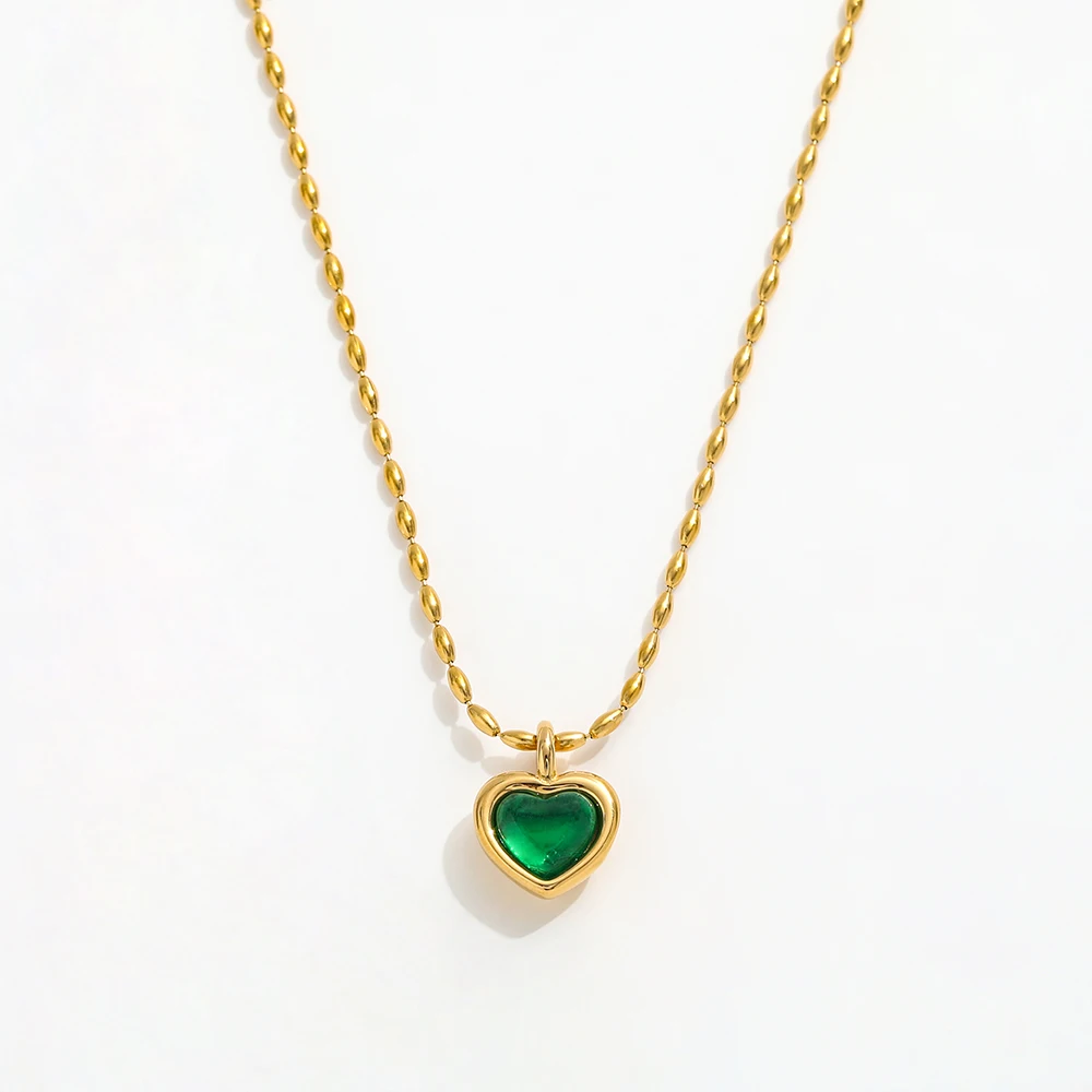 Joolim Jewelry 18K Gold Plated  Stainless Steel Heart Green Zircon Pendant Grain Shape Chain Necklaces Trendy Women's Necklaces