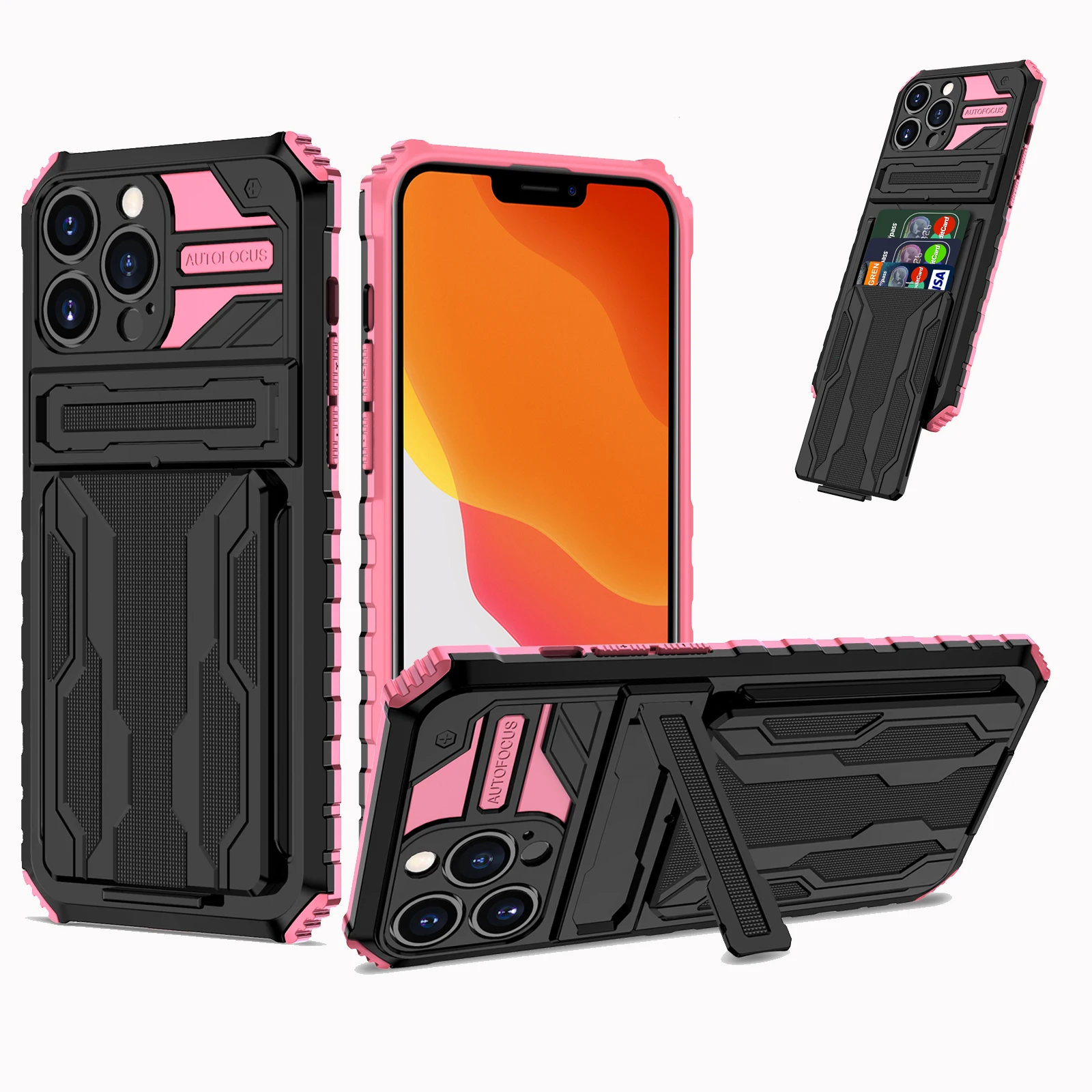 

For iPhone 13 Pro Shockproof Phone Case With Wallet Card Slot Cover TPU PC Kickstand Phone Case For iPhone 13 Mini Pro Max, Green, pink, purple, red, blue, black