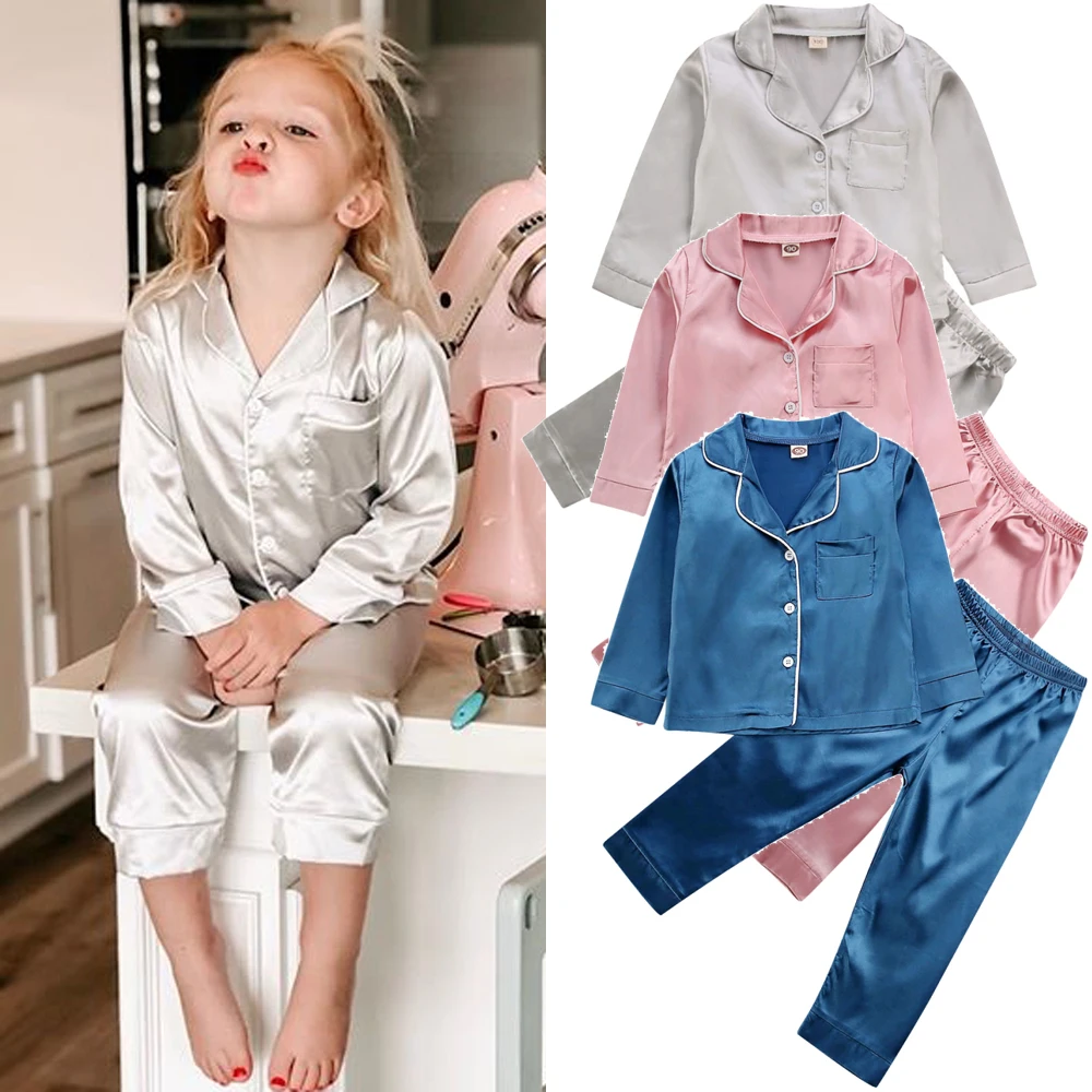 

Winter Long Sleeve Polyester Custom Kids Satin Pajamas Blank Pajama Sets Girls' Sleepwear