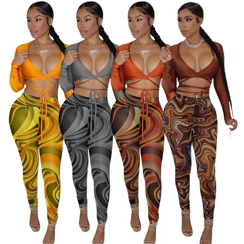 

Summer Orange Mesh Sheer Transparent Beach Style Cover-up See Through High Waist Long Trousers Sexy Women Clothes Two Pieces Set