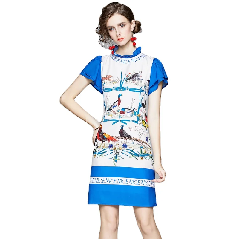

Color Block Ruffle Stand Collar Ruffle Puff Sleeve Birds Print Short Dress