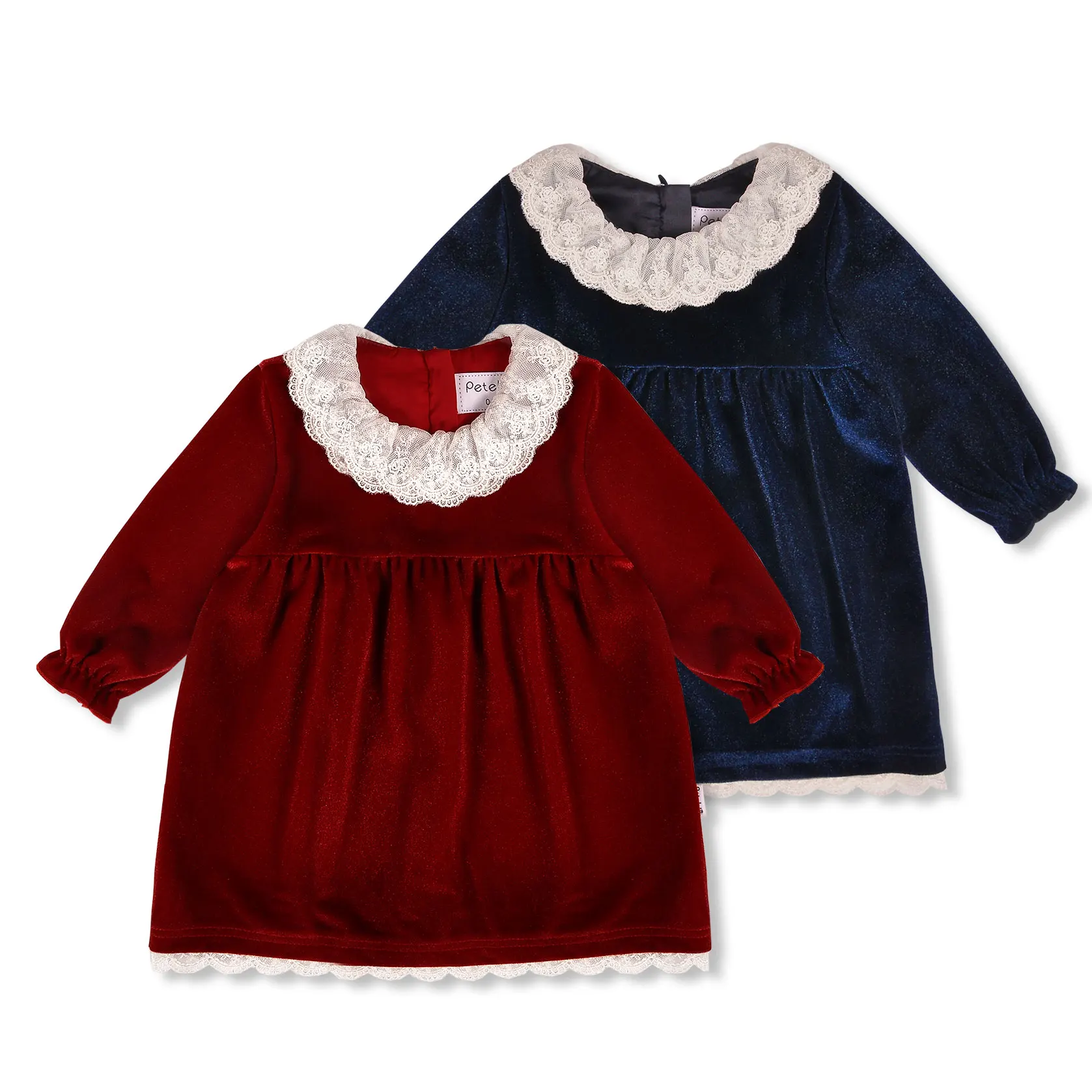 

PETELULU wholesale winter infant toddler velvet dress with lace skirt baby kids girl outwear clothing baby christmas, Red/royal blue