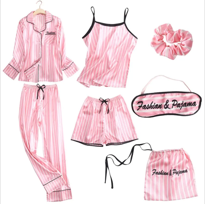 

Pink Women's 7 Pieces Pajamas Sets Emulation Silk Striped Pyjama Women Sleepwear Sets Spring Summer Autumn Homewear, As show