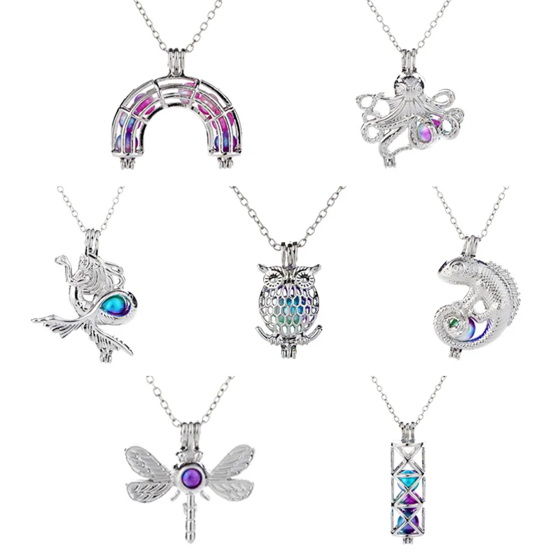 

Rainbow Mermaid Octopus Owl Dragonfly Best Love Wish Pearl Cage Locket Pendant Necklace Jewelry, Sliver