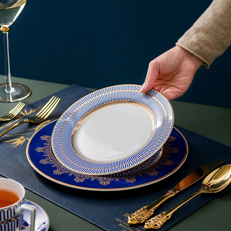 

Polaroid blue western tableware light luxury set home bone china tableware western plate steak knife and fork plate full set