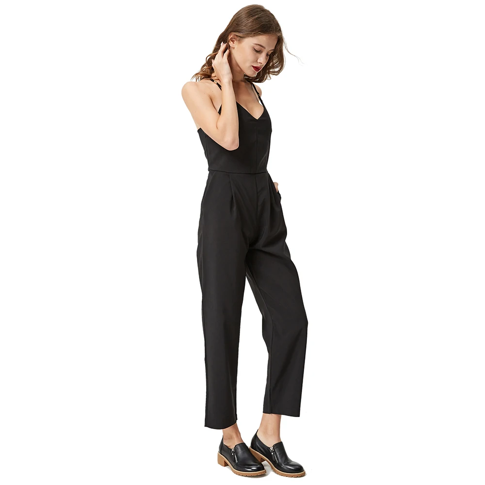 

Women's Sexy One Piece Spaghetti Strap Jumpsuits Office Lady Woven Rompers with Pockets
