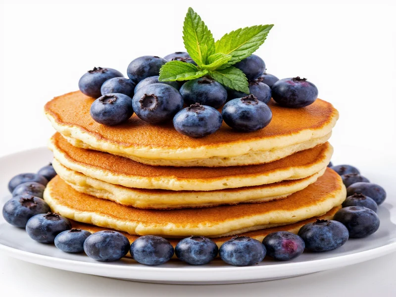 Stack of pancakes topped with fresh blueberries and mint