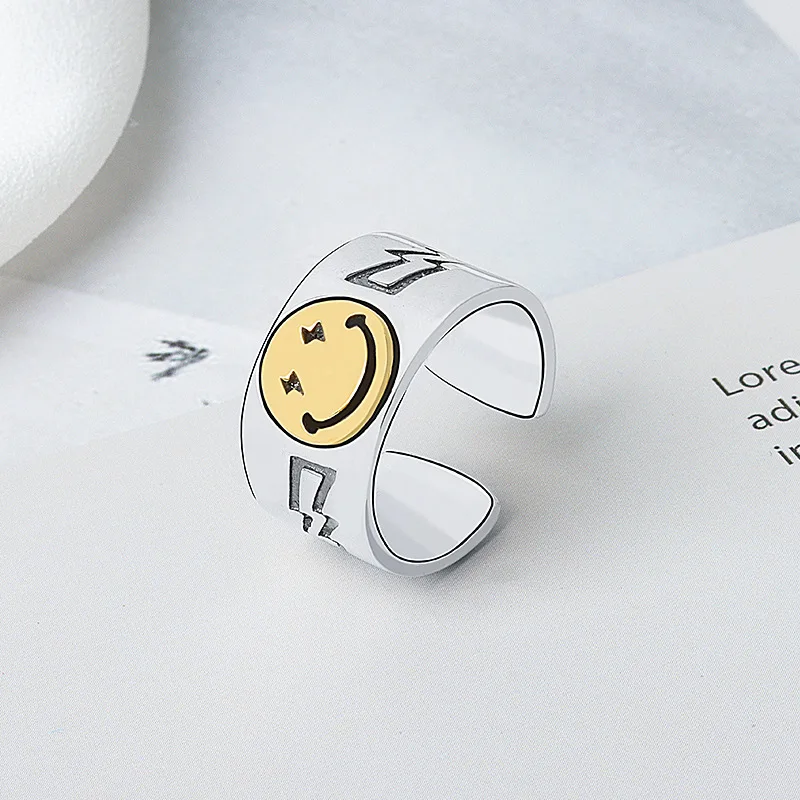 

Daidan Adjustable Ring Silver Men Ring Jewelry Large Statement Wide Happy Face Smiley Face Women Rings