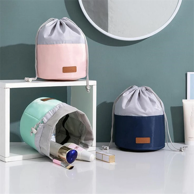 

Fashionable Large-capacity Cylindrical Drawstring Cosmetic Travel Bag, Green, gray, black, pink, navy