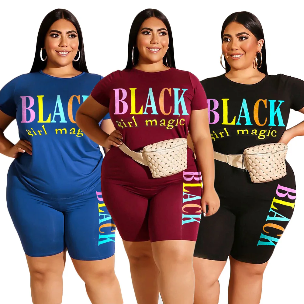 

FM-P5015 Plus-size women's casual letters printing T-shirt shorts Set short-sleeved XL-4XL women's shorts suits, As picture shown