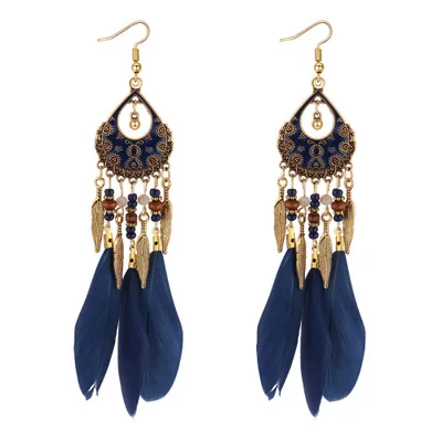 

New Arrival Retro European Statement Boho Earrings Fashion Boheme Feather Earrings Long Beads Tassel Earrings For Women