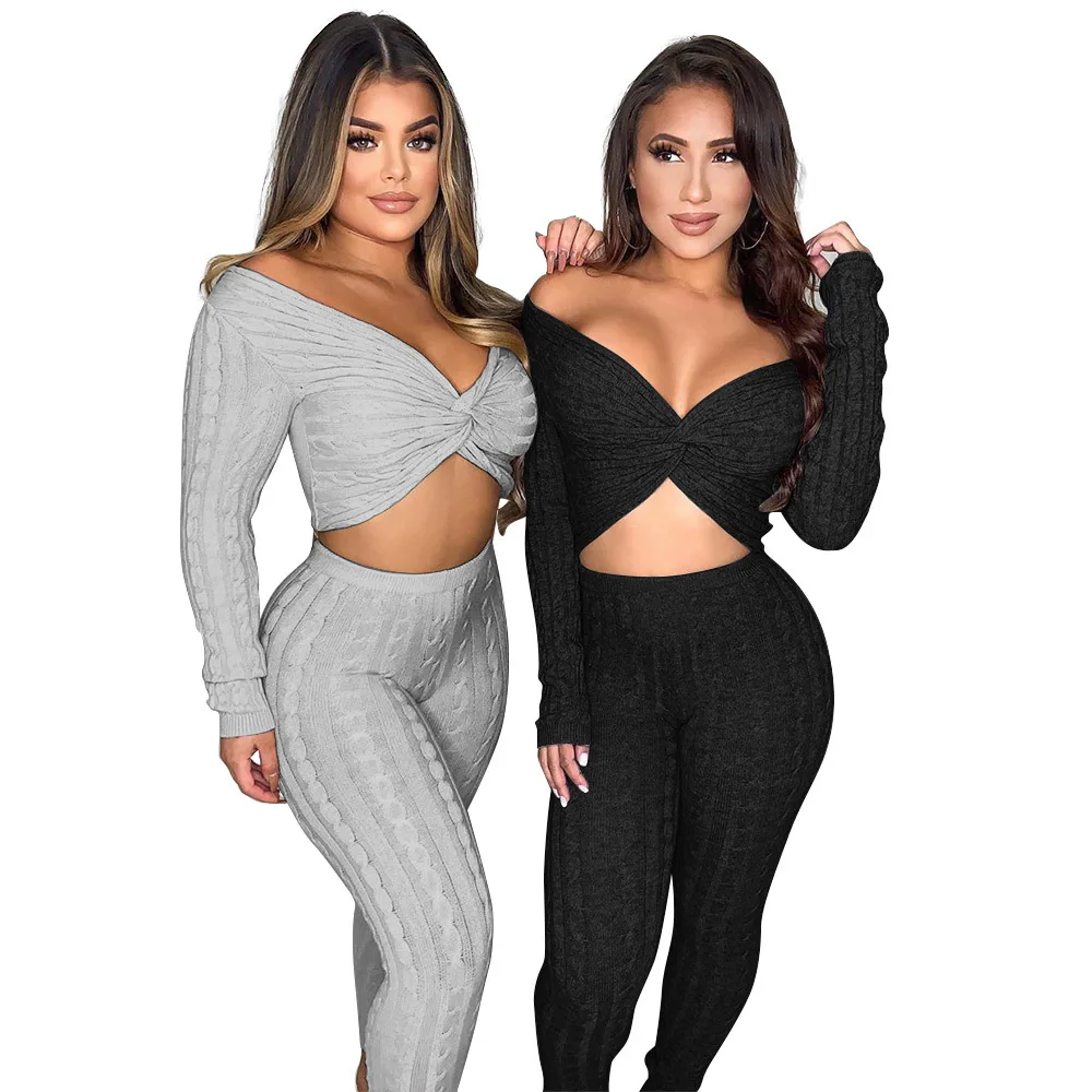 

New Style High Quality Fall Women Long sleeved kink TOP And Pant Sweater Sets