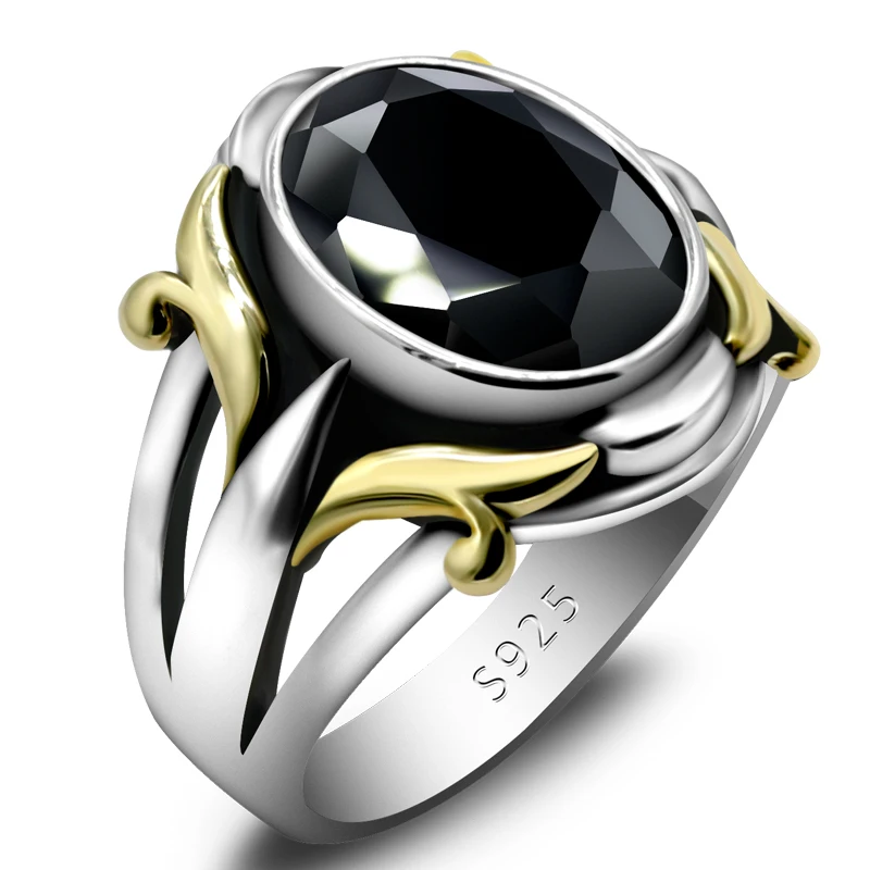 

S925 Sterling Silver Ring Set with Black Zircon Men's Ring Fashion Jewelry Turkey Retro Style Wholesale and Retail